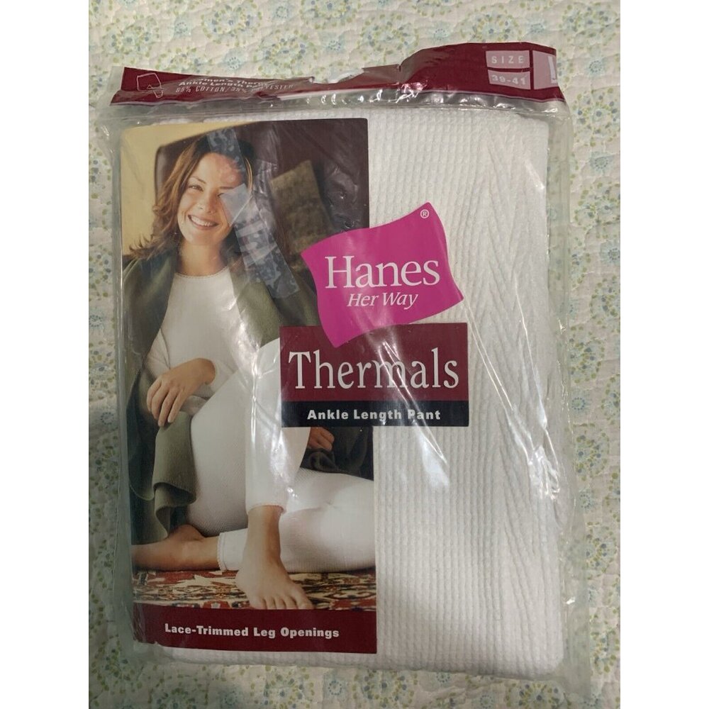 Hanes Womens Thermal Ankle Length Pant Size Large Creme Lace Trimmed NEW
